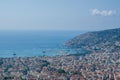 View of Alanya harbor before sunset. Beautiful sea landscape of Alanya Castle in Antalya district, Turkey. Royalty Free Stock Photo