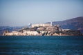 View of Alcatraz Island with famous prison in San Francisco Bay Area, California, United States, summer sunny day Royalty Free Stock Photo