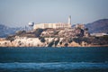 View of Alcatraz Island with famous prison in San Francisco Bay Area, California, United States, summer sunny day Royalty Free Stock Photo