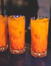 View of alcohol on a party, row line of orange red colored aperitif alcohol cocktails on a party, tequila sunrise, mimosa, spritz