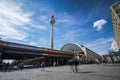 View of the Alexanderplatz station in Berlin, Germany, with the structure of the Berliner Fernsehturm, the popular television towe