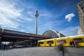 View of the Alexanderplatz station in Berlin, Germany, with the structure of the Berliner Fernsehturm, the popular television towe