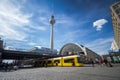 View of the Alexanderplatz station in Berlin, Germany, with the structure of the Berliner Fernsehturm, the popular television towe