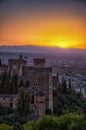 Colorful view of Alhambra Palace at sunset (Granada, Spain). HDR style with oversaturated color Royalty Free Stock Photo