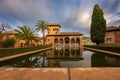 View of the Alhambra reflecting pool with palm trees and historic architecture under a dramatic sky. Royalty Free Stock Photo