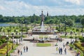 View of the alley of fountains and the monument in honor of the 1000th anniversary of Yaroslavl on the Strelka of the rivers Volga