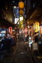 View of the alley at Omoide Yokocho at night. Traditional Japanese building. Portrait Orientation