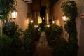 View of an alley with steps down and wall with lanterns illuminating sidewalk at night Royalty Free Stock Photo