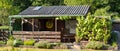 view into a allotment garden with a tiny house