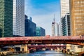 View Along Chicago River to Van Buren Street and Jackson Boulevard Bridges, Illinois, USA