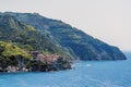 A view along the Cinque Terre coastline from Corniglia towards the village of Manarola, Italy