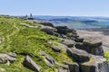 A view along the cliff top past millstone boulders on the Stanage Edge escarpment in the Peak District, UK Royalty Free Stock Photo