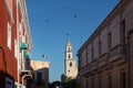 View along the colonial buildings to the tower of the cathedral of Merida, Yucatan, Mexico Royalty Free Stock Photo