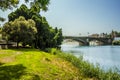 A view along the east bank of the river Guadalquivir towards the Triana Bridge in Seville, Spain