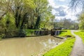 A view along the Grand Union Canal towards the Aylestone Mill lock in Aylestone Meadows, Leicester, UK