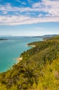 A view along the many bays and golden beaches at the incredibly beautiful Able Tasman National Park, South Island, New Zealand Royalty Free Stock Photo