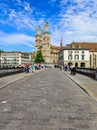 View along Munsterbrucke bridge in Zurich, Switzerland