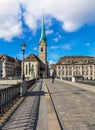 View along Munsterbrucke bridge in Zurich, Switzerland