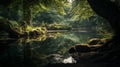 View along a peaceful woodland river with a shallow rocky bed, with green reflections in the still water, peaceful woodland pond,