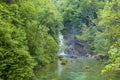 A view along the Radovna River towards the falls at the end of the Vintgar Gorge in Slovenia