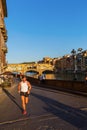 View along the river Arno to the Ponte Vecchio in Florence, Italy Royalty Free Stock Photo