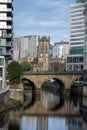 View along the river Irwell to the cathedral Royalty Free Stock Photo