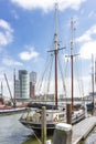 A view along the sailing boats in the Veerhaven on the imposing buildings on the Holland Amerikakade in Rotterdam 2