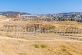 A view along the side of a colonnaded street in the ancient Roman settlement of Gerasa in Jerash, Jordan