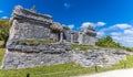 A view along the side of palace ruins at the Mayan settlement of Tulum, Mexico