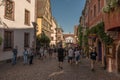 View along a street in the medieval village of Riquewihr, Alsace, France Royalty Free Stock Photo