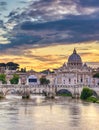 The Tiber River Towards St. Peter`s Basilica And The Vatican In Rome, Italy