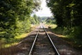 View along a train track coming out of the forest and ending on the horizon Royalty Free Stock Photo