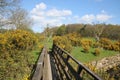 Wooden footpath bridge gorse bushes countryside Royalty Free Stock Photo