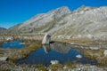 View of alpine lake in the Alta Via di Neves hike, Alto Adige, Italy