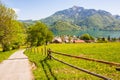 View of alpine meadow, austrian town St.Gilgen on Wolfgangsee lake