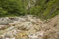 View on an alpine river with clear water and rocks, boulders in the water and on the river banks. Royalty Free Stock Photo