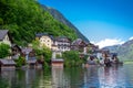 view of the alpine village from the ferry, hallstatt lake Royalty Free Stock Photo