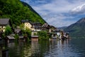 hallstatt lake, view of the alpine village from the ferry Royalty Free Stock Photo