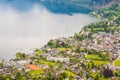 View of alpine village St. Gilgen and Wolfgangsee lake Plomberg mountain