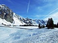 View of the Alpstein range from the high mountain pass Schwagalp or Schwaegalp - Canton of Appenzell Ausserrhoden, Swi