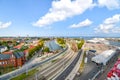 View of the Alter Strom canal, railway station and old town in the coastal port city of Warnemunde, Germany on the Baltic Sea