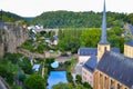 View of the Alzette river in the old town of Luxembourg City, Luxembourg, with St. John Church church of St. John or St. Jean du Royalty Free Stock Photo