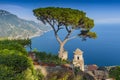 View of the Amalfi Coast and Gulf of Salerno from Villa Rufolo in the hilltop town of Ravello in Campania, Italy