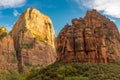 A view of the amazing Angel`s Landing from the canyon floor at Zion National Park, USA against a beautiful bright blue sky