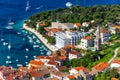 View at amazing archipelago with boats in front of town Hvar, Croatia. Harbor of old Adriatic island town Hvar. Popular touristic Royalty Free Stock Photo