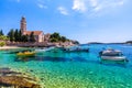 View at amazing archipelago with boats in front of town Hvar, Croatia. Harbor of old Adriatic island town Hvar. Popular touristic Royalty Free Stock Photo