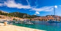 View at amazing archipelago with boats in front of town Hvar, Croatia. Harbor of old Adriatic island town Hvar. Popular touristic Royalty Free Stock Photo