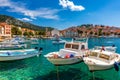 View at amazing archipelago with boats in front of town Hvar, Croatia. Harbor of old Adriatic island town Hvar. Popular touristic Royalty Free Stock Photo