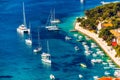 View at amazing archipelago with boats in front of town Hvar, Croatia. Harbor of old Adriatic island town Hvar. Popular touristic Royalty Free Stock Photo