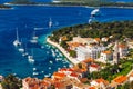 View at amazing archipelago with boats in front of town Hvar, Croatia. Harbor of old Adriatic island town Hvar. Popular touristic Royalty Free Stock Photo